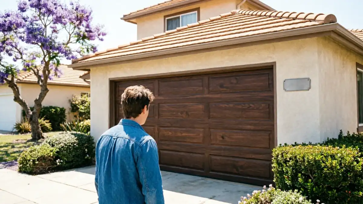 A person in a denim shirt stands in front of a brown garage door.