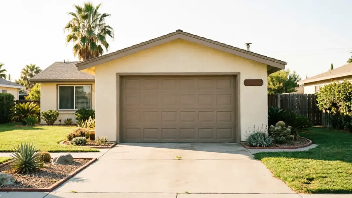 A beige house with a brown garage door and a green lawn.