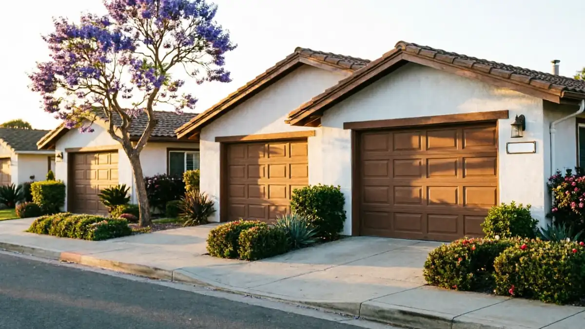 Three houses with brown garage doors and a purple flowering tree are visible from the street.