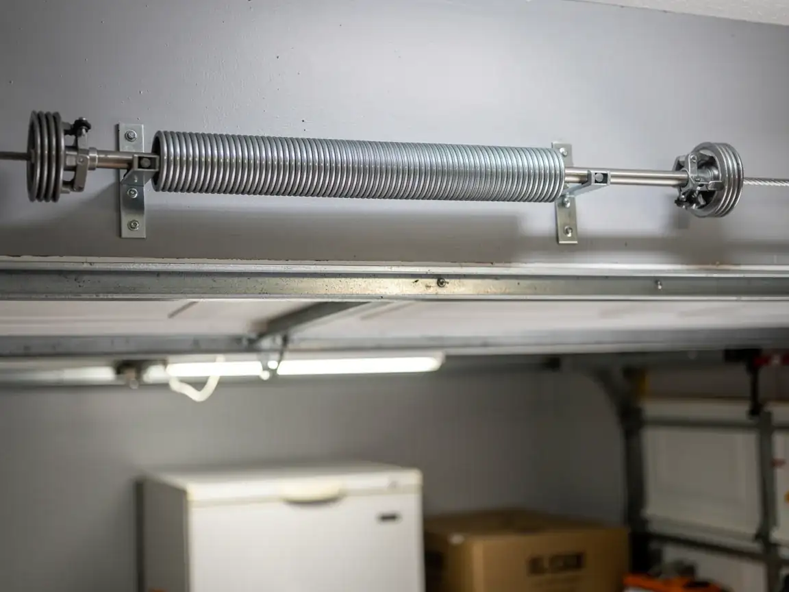 A single torsion spring is mounted above a garage door.