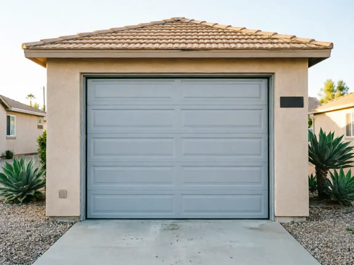A light gray garage door is on a stucco garage with a tiled roof.