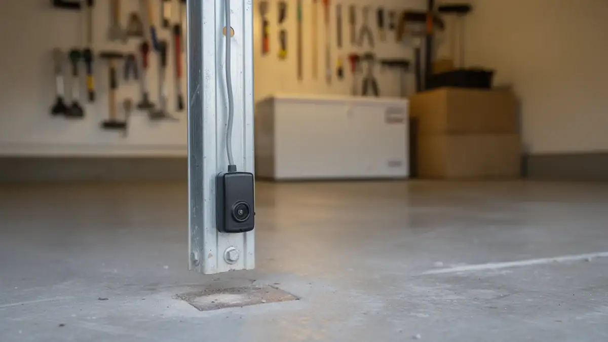 A black safety sensor is mounted on a metal garage door track.