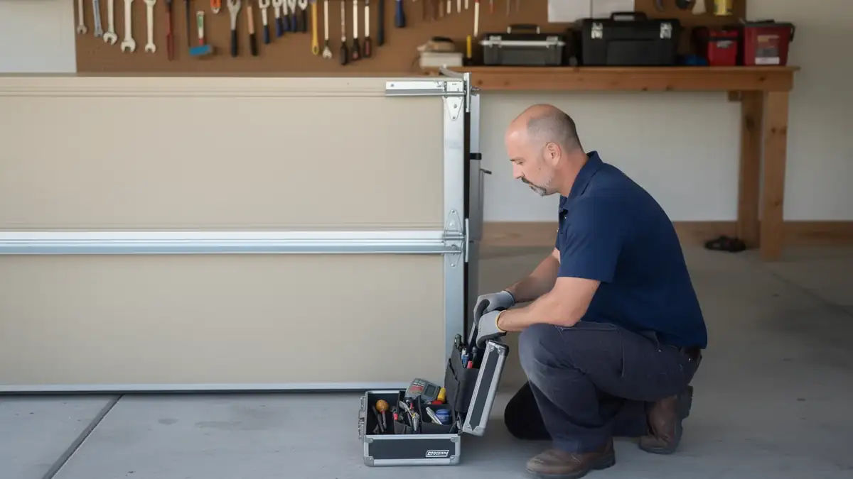 A technician kneels on a concrete floor next to a beige garage door and open toolbox.