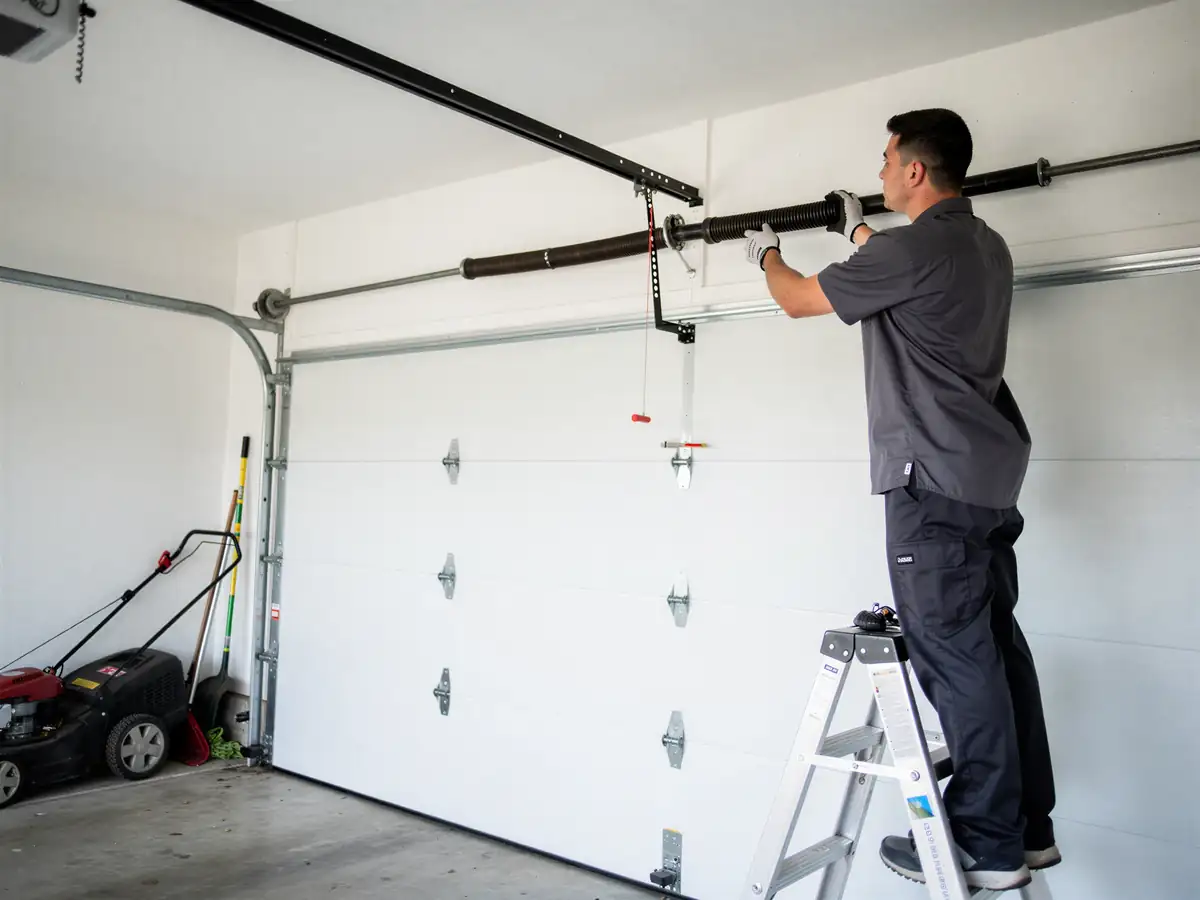 A technician on a ladder is adjusting the torsion spring above a white garage door.