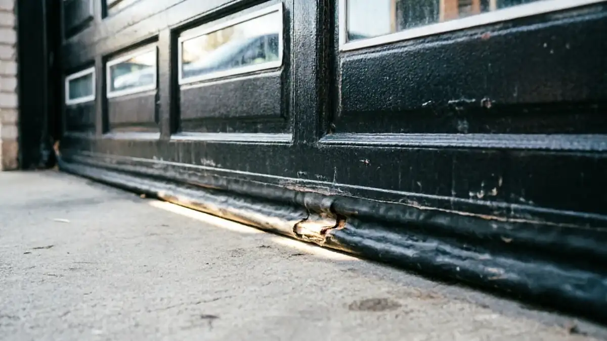 The bottom of a black garage door is bent and damaged.