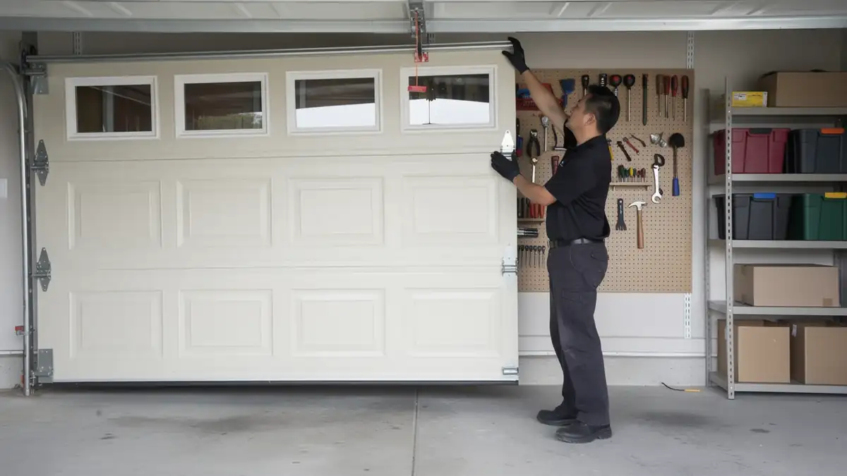 A technician in black gloves is adjusting a white garage door with windows.