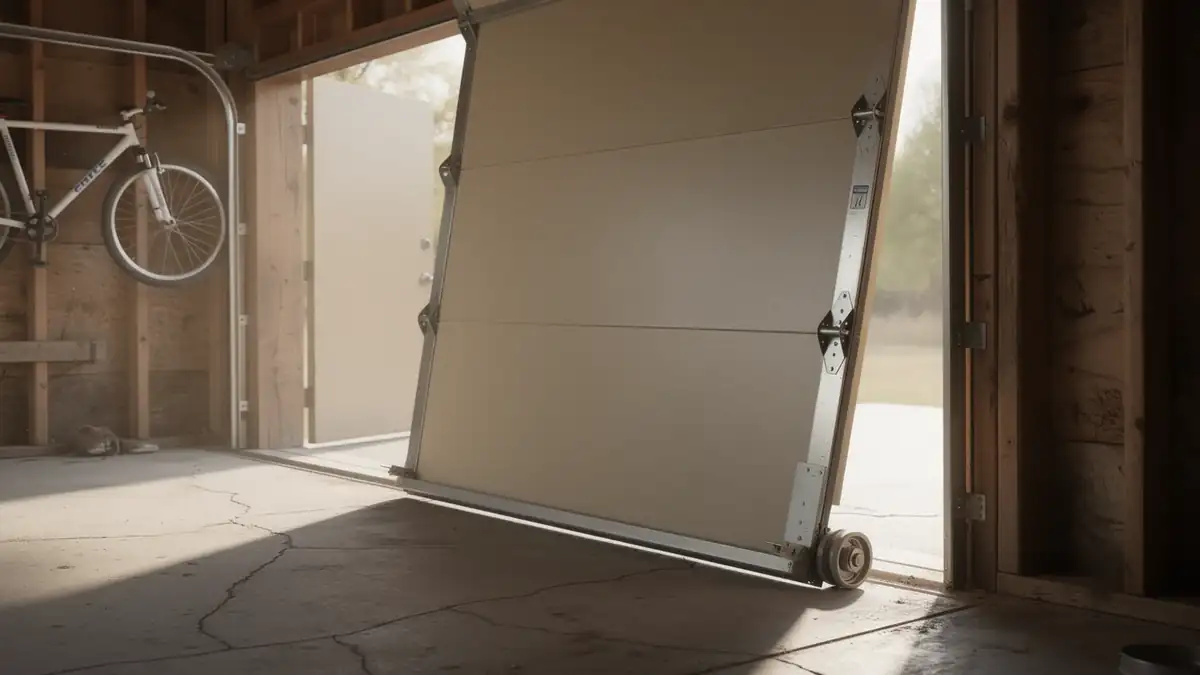 A beige garage door is partially open with a bicycle hanging on the wall.
